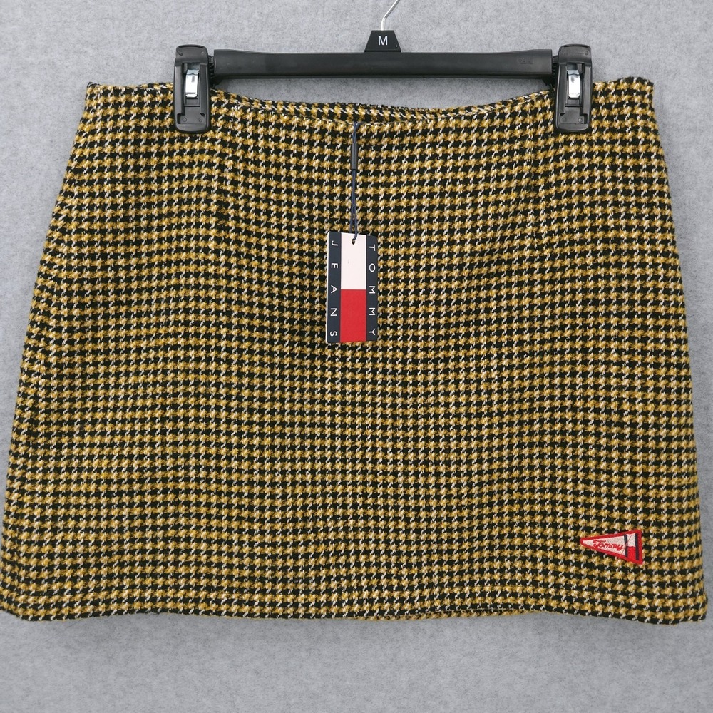 Tommy Jeans Hilfiger Houndstooth‎ Yellow Black Short Pull On Skirt Womens Size L